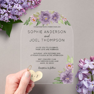 Invitaciones Acrílicas Flores de Lila Románticas Rústicas Monograma de Bo