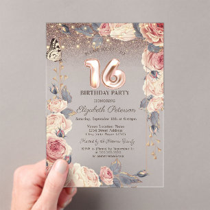Invitaciones Acrílicas Flores de Lujo, Mariposa, Luces Cumpleaños 16