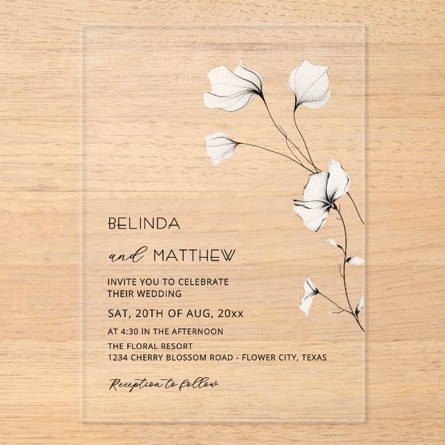 Invitaciones Acrílicas Flores de Marfil Verde Menta Boda Casual (Anverso)