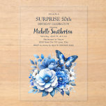 Invitaciones Acrílicas Flores de mariposa azul sorprenden 50 años<br><div class="desc">Elegante mariposa azul y flores despejan acrílico Sorpresa 50 cumpleaños invitación a fiesta. Contáctame para obtener ayuda con tus personalizaciones o para solicitar productos adicionales de correspondencias o coordinación de Zazzle para tu celebración.</div>