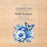 Invitaciones Acrílicas Flores de mariposa azul sorprenden 60 años<br><div class="desc">Elegante mariposa azul y flores Sorprende la invitación de la fiesta de cumpleaños número 60. Contáctame para obtener ayuda con tus personalizaciones o para solicitar productos adicionales de correspondencias o coordinación de Zazzle para tu celebración.</div>