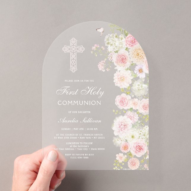 Invitaciones Acrílicas Flores de melocotón rosa Arco Primera Comunión (Insitu (portátil))