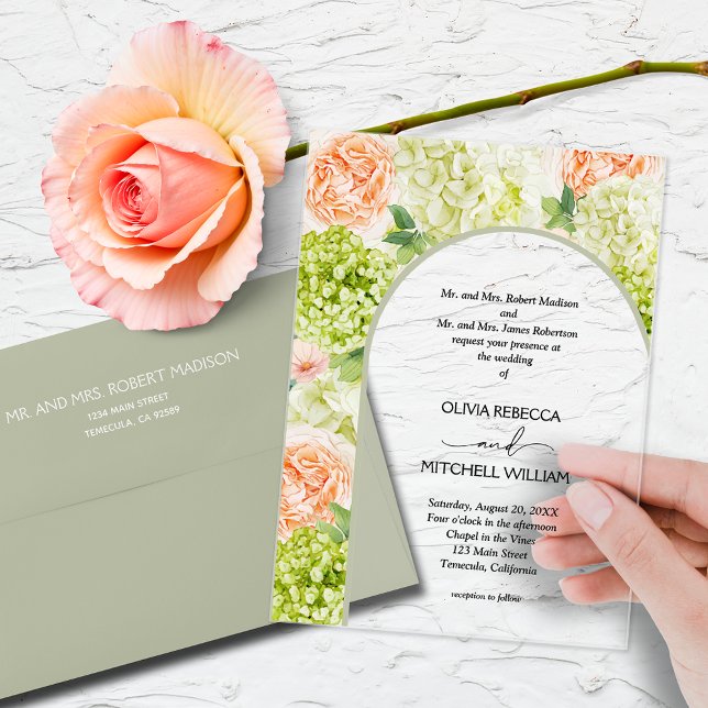 Invitaciones Acrílicas Flores de moda Boda del Arco Verde Sage (Watercolor flowers with a sage green arch on CLEAR or FROSTED acrylic wedding invitations)
