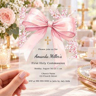 Invitaciones Acrílicas Flores de niña con lazo rosa Primera Comunión de l