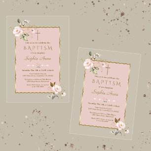 Invitaciones Acrílicas Flores de oro rosa Rubor de lujo bautismo Chica