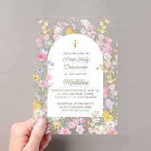 Invitaciones Acrílicas flores de prado acuarela Primera Comunión