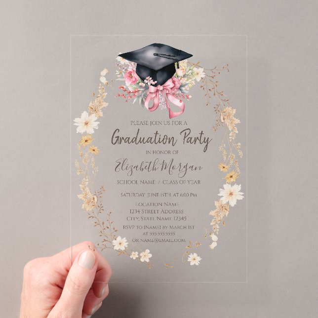 Invitaciones Acrílicas Flores de prado al acuarela con gorra de graduació (Insitu (portátil))