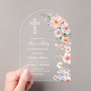 Invitaciones Acrílicas Flores de prado pastel arco Primera Comunión