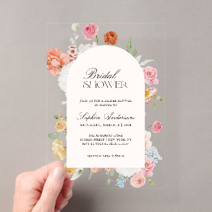Invitaciones Acrílicas Flores de primavera coloridas Caligrafía Despedida