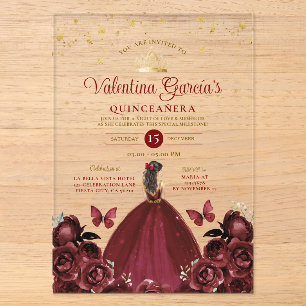 Invitaciones Acrílicas Flores de quinceañera rojo borgoña 15 años dorado