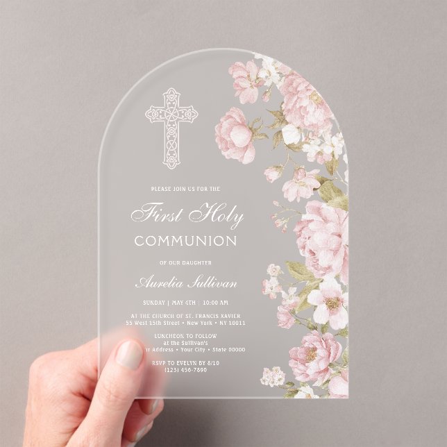Invitaciones Acrílicas Flores de Rosa Elegante Arco Primera Comunión (Insitu (portátil))