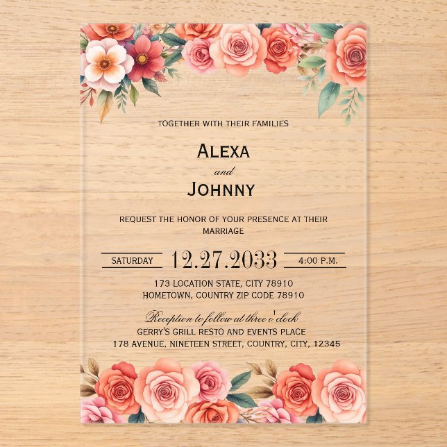 Invitaciones Acrílicas Flores de Terracota Elegantes  (Anverso)