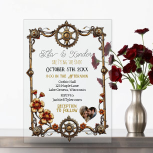 Invitaciones Acrílicas Flores de vapor de metal dorado y boda de fotos