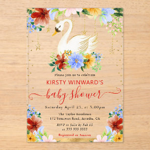 Invitaciones Acrílicas Flores de verano en acuarela, cisne, baby shower
