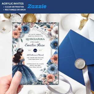 Invitaciones Acrílicas Flores De Vestido De Plata De Peach Azul De La Mar