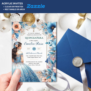 Invitaciones Acrílicas Flores De Vestido De Plata Quinceañera Dusty Blue 
