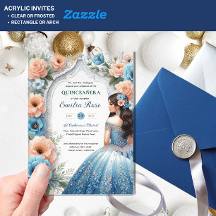 Invitaciones Acrílicas Flores De Vestido De Plata Quinceañera Dusty Blue 