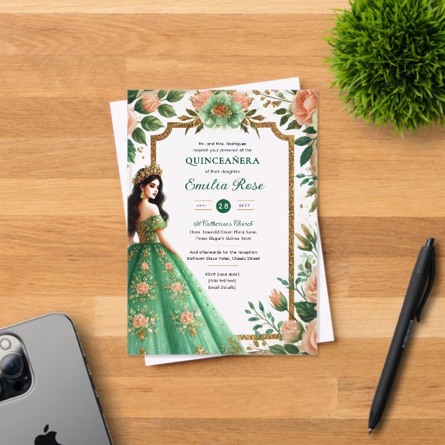 Invitaciones Acrílicas Flores De Vestido De Quinceanera De Oro Verde Esme (Insitu (Tarjeta de Invitación))