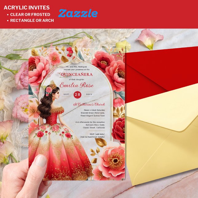 Invitaciones Acrílicas Flores De Vestido Quinceañera Red Gold Mis Quince (Subido por el creador)