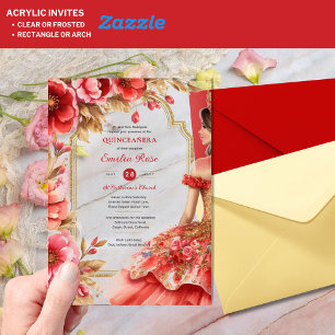 Invitaciones Acrílicas Flores De Vestido Quinceañera Red Gold Mis Quince
