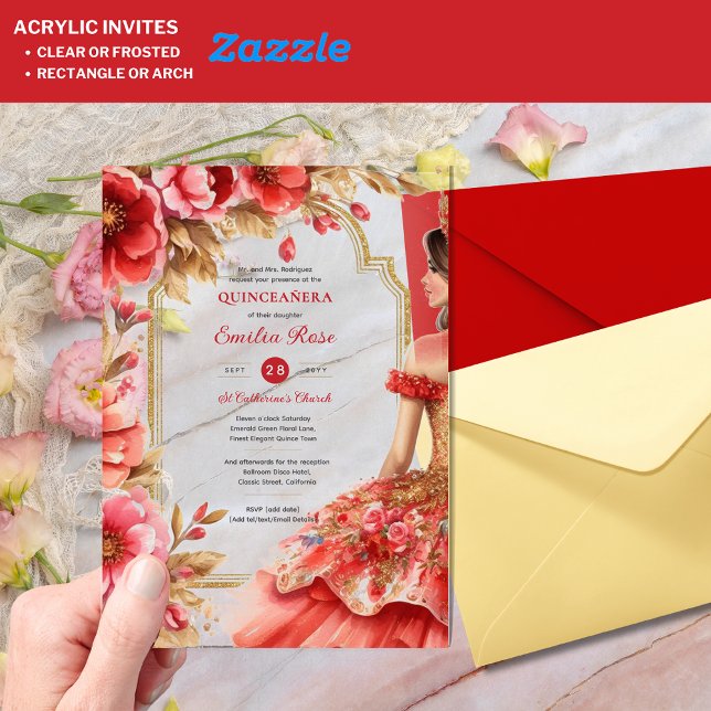 Invitaciones Acrílicas Flores De Vestido Quinceañera Red Gold Mis Quince (Subido por el creador)