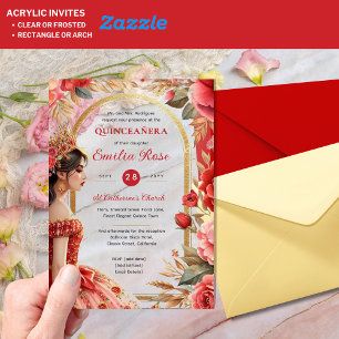 Invitaciones Acrílicas Flores De Vestido Quinceañera Red Gold Mis Quince