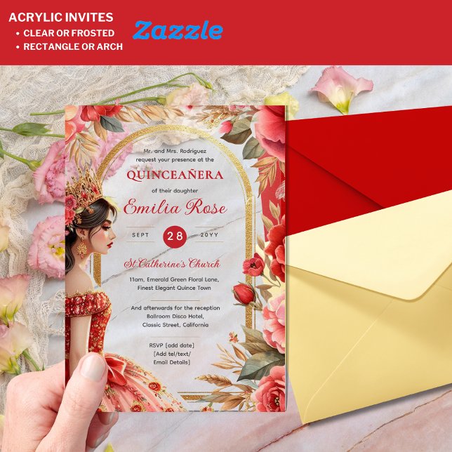 Invitaciones Acrílicas Flores De Vestido Quinceañera Red Gold Mis Quince (Subido por el creador)