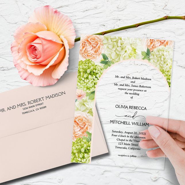 Invitaciones Acrílicas Flores Elegantes Arco Nupcial Rosa (Watercolor flowers with a blush pink arch on CLEAR or FROSTED acrylic wedding invitations)