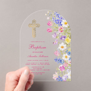 Invitaciones Acrílicas Flores frescas de prado Arco Bautizo