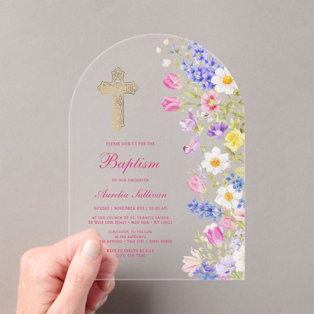 Invitaciones Acrílicas Flores frescas de prado Arco Bautizo (Insitu (portátil))