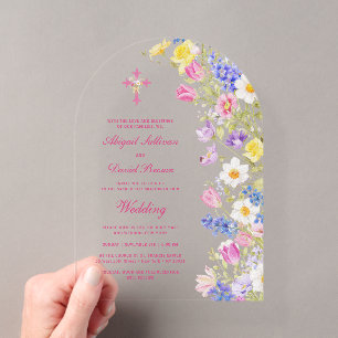 Invitaciones Acrílicas Flores frescas de prado Arco religioso boda