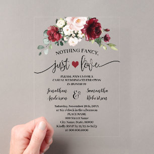 Invitaciones Acrílicas Flores Marsala Nada Lujoso Solo Amor Huida