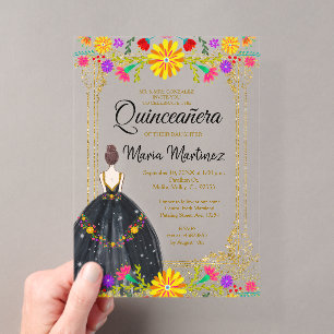 Invitaciones Acrílicas Flores Mexicanas con Quinceañera Negra Dorada