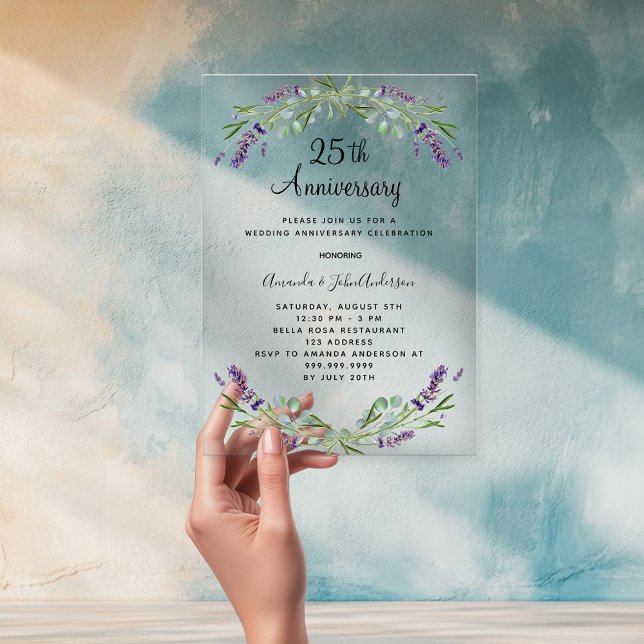 Invitaciones Acrílicas Flores moradas de lavanda 25 años de boda (Subido por el creador)