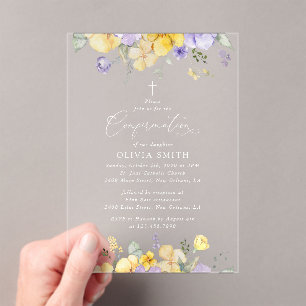 Invitaciones Acrílicas Flores Moradas, Flores Amarillas, Boho, Confirmaci