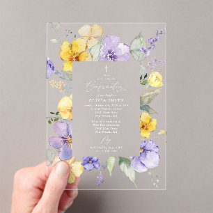 Invitaciones Acrílicas Flores Moradas, Flores Amarillas, Boho, Confirmaci