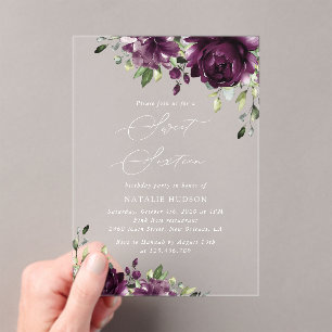 Invitaciones Acrílicas Flores moradas, flores de ciruela, boho, dulce 16