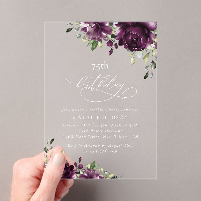 Invitaciones Acrílicas Flores Moradas, Flores de Ciruelo, Boho, Cumpleaño (Insitu (portátil))