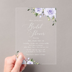Invitaciones Acrílicas Flores moradas, flores de lagarto, boho, ducha de