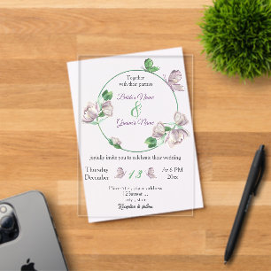 Invitaciones Acrílicas flores moradas hojas verdes mariposas boda  a