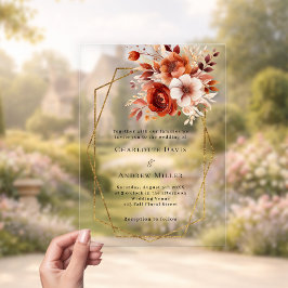 Invitaciones Acrílicas Flores naranjas quemadas boda transparente geométr