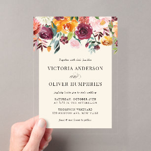 Invitaciones Acrílicas Flores Otoñales en Acuarela Vintage para Boda Flor