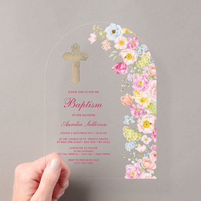 Invitaciones Acrílicas Flores Pastel Vívidas Arco Bautizo (Insitu (portátil))