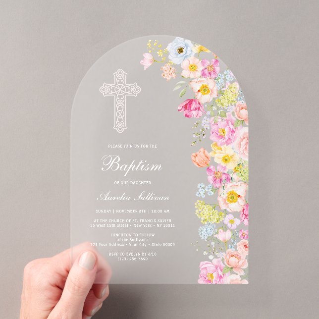 Invitaciones Acrílicas Flores Pastel Vívidas Arco Bautizo (Insitu (portátil))