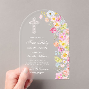 Invitaciones Acrílicas Flores Pastel Vívidas Arco Primera Comunión
