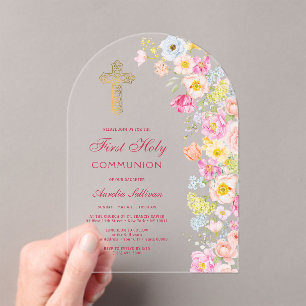 Invitaciones Acrílicas Flores Pastel Vívidas Arco Primera Comunión