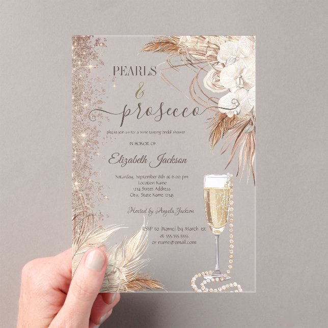 Invitaciones Acrílicas Flores Perlas Purpurinas y ducha de novia Prosecco (Insitu (portátil))