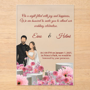 Invitaciones Acrílicas Flores Personalizadas para Pareja WI.–Flores Rosad