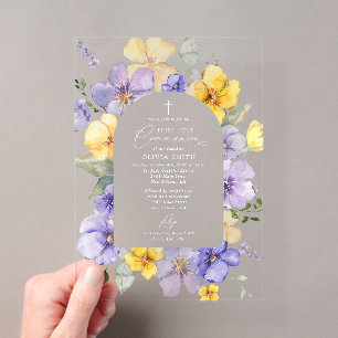 Invitaciones Acrílicas Flores púrpuras, flores amarillas, Primera comunió