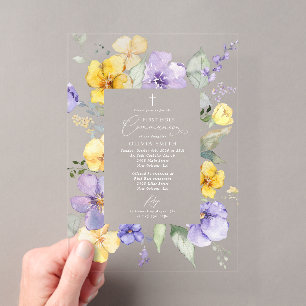 Invitaciones Acrílicas Flores púrpuras, flores amarillas, Primera comunió